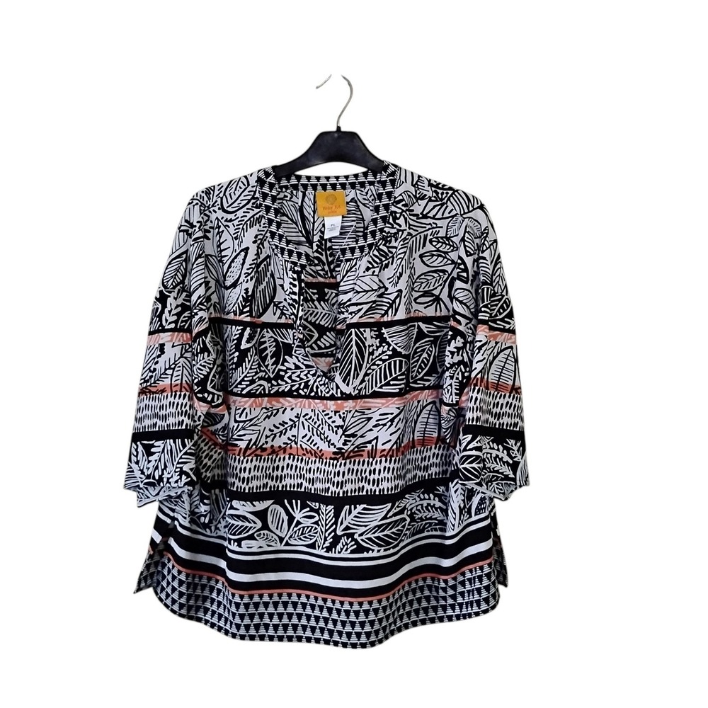 Ruby Rd Petite Mixed Print Blouse Black White Peach V-Neck 3/4 Sleeve Top PL